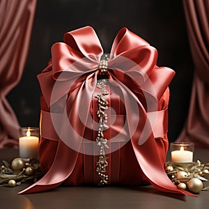 Red gift box with beautiful bow and ribbon on wooden table.