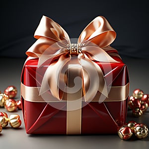 Red gift box with beautiful bow and ribbon on wooden table.