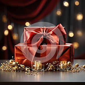 Red gift box with beautiful bow and ribbon on wooden table.