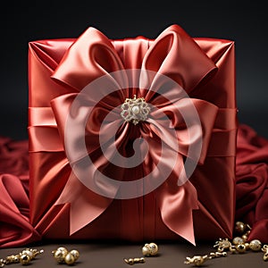 Red gift box with beautiful bow and ribbon on wooden table.