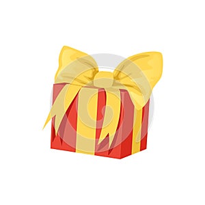 Red gift box with big yellow bow. Happy Birthday theme. Present for holiday. Element for greeting card or banner. Flat