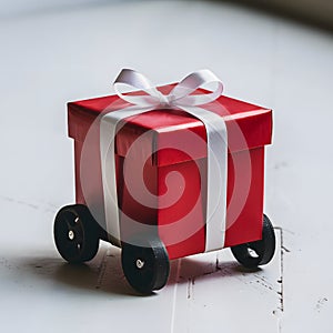 Red gift box with black wheels on white surface, ribbon pops against red.