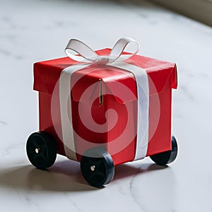 Red gift box with black wheels on white surface, ribbon pops against red.