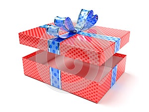 Red gift box with blue duct tape. 3d rendering illustration