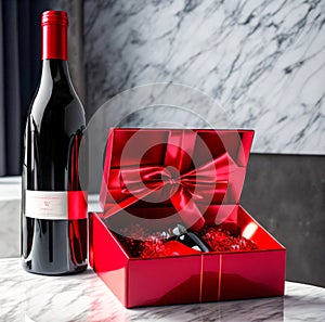 Red gift box and a bottle of wine on a marble table.  Close-up