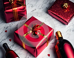 Red gift box and a bottle of wine on a marble table.  Close-up