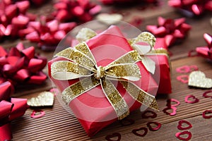 Red gift box with bows, on wooden background. Copy space. Valentine's day, birthday, Christmas