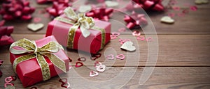 Red gift box with bows, on wooden background. Copy space. Valentine's day, birthday, Christmas baner