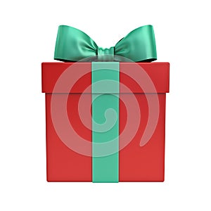 Red gift box or Christmas present box with green ribbon and bow isolated on white background