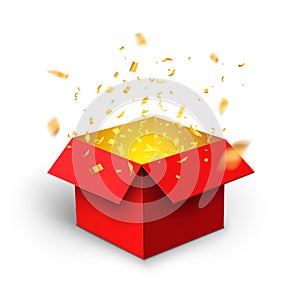 Red gift box confetti explosion. Magic open surprise gift box package decoration