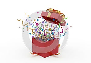 Red gift box exploding with colorful confetti and streamers