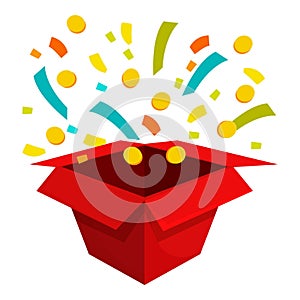 Red gift box exploding with golden coins and confetti