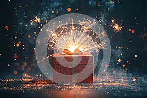 Red gift box exploding with sparks and glitter, creating a magical and festive atmosphere