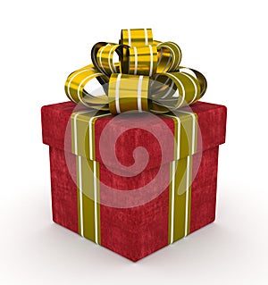 Red gift box with gold bow isolated on white background