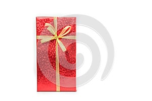 Red gift box with gold ribbon isolated