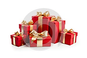 Red gift box with a gold satin bow ribbon isolated on a white background. Ai Generative