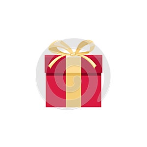 Red gift box with golden bow isolated on a white background. Vector illustration, icon