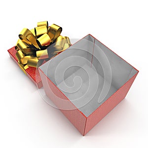 Red gift-box with golden ribbon bow on white. 3D illustration, clipping path