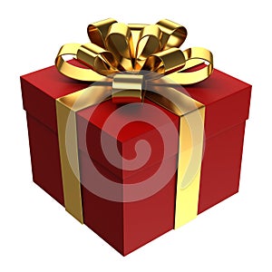Red gift box with golden ribbon, PNG transparent background photo