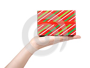 Red gift box, green stipes, Isolated on white