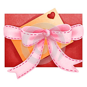 Red gift box with greeting card and ribbon bow clipart, Watercolor valentines gifts