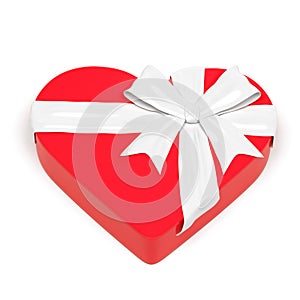 Red gift box in heart shape. Closed container decorated with white ribbon bow. 3d rendering