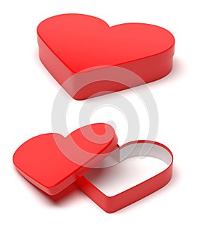 Red gift box in heart shape. Closed and open 3d rendering illustration.