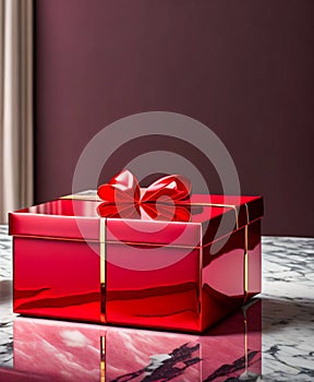 Red gift box on a marble table.  Close-up
