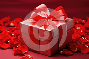 A red gift box with a matching bow, perfect for any special occasion or celebration, Valentine gift box with red satin ribbon on