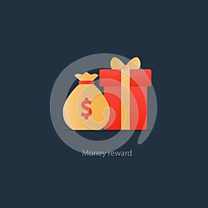 Red gift box and money bag, reward concept, bonus points