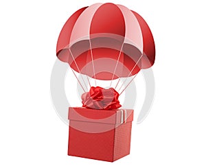 Red gift box with parachute flying on white background