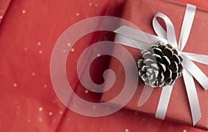 Red gift box and pinecone on red paper