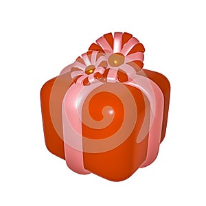 Red gift box with a pink bow in the form of a flower isolated on a white background, 3d illustration