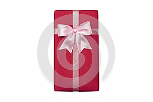 Red gift box, pink bow on white background