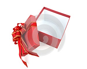 Red gift box with red and glod ribbon