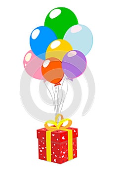 Red gift box with ribbon and colorful balloon . Christmas and birthday concept. Isolated on a white background. Vector illustratio
