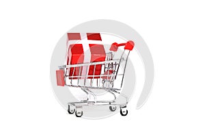 Red gift box in shooing cart isolated white background object , Resource for Christmas New Year`s Day Birthday Lucky draw and Shop