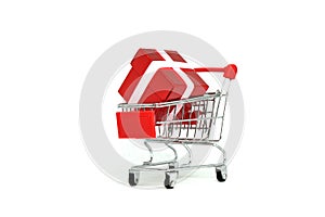 Red gift box in shooing cart isolated white background object , Resource for Christmas New Year`s Day Birthday Lucky draw and Shop