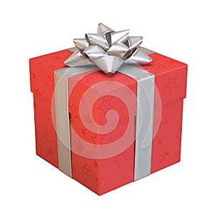 Red gift box with silver bow and ribbon, red present 3d rendering