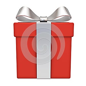Red gift box with silver ribbon bow isolated on white background