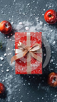 Red gift box sits on table, surrounded by apples and oranges. The apples are placed in background of image, while one