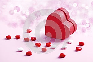 Red Gift Box and Sweet Heart Candy. Valentine`s Day concept