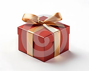 red gift box Tie a golden bow on a white background, by Generative AI