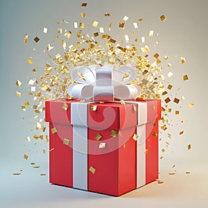 Red gift box with white ribbon and bow exploding with gold confetti present