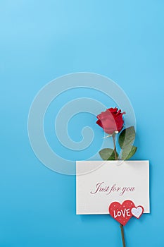 Red gift box with white ribbon bow and rose, concept of Valentine`s day, anniversary, mother`s day, birthday surprise present,