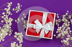 Red gift box with a white ribbon on a purple background