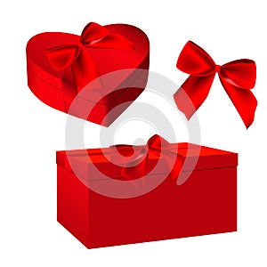 Red gift boxes set for valentine`s day designs. Box tied with red ribbon and bow or rope.