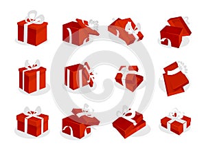 Red gift boxes set with white ribbons. Open and closed red gift box icons isolated on white background. Vector illustration