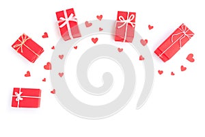 Red gift boxs with bow and Red papercut heart shapes on white background