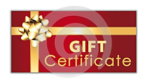Red gift certificate with golden bow and ribbon. Merry christmas or happy anniversary present.